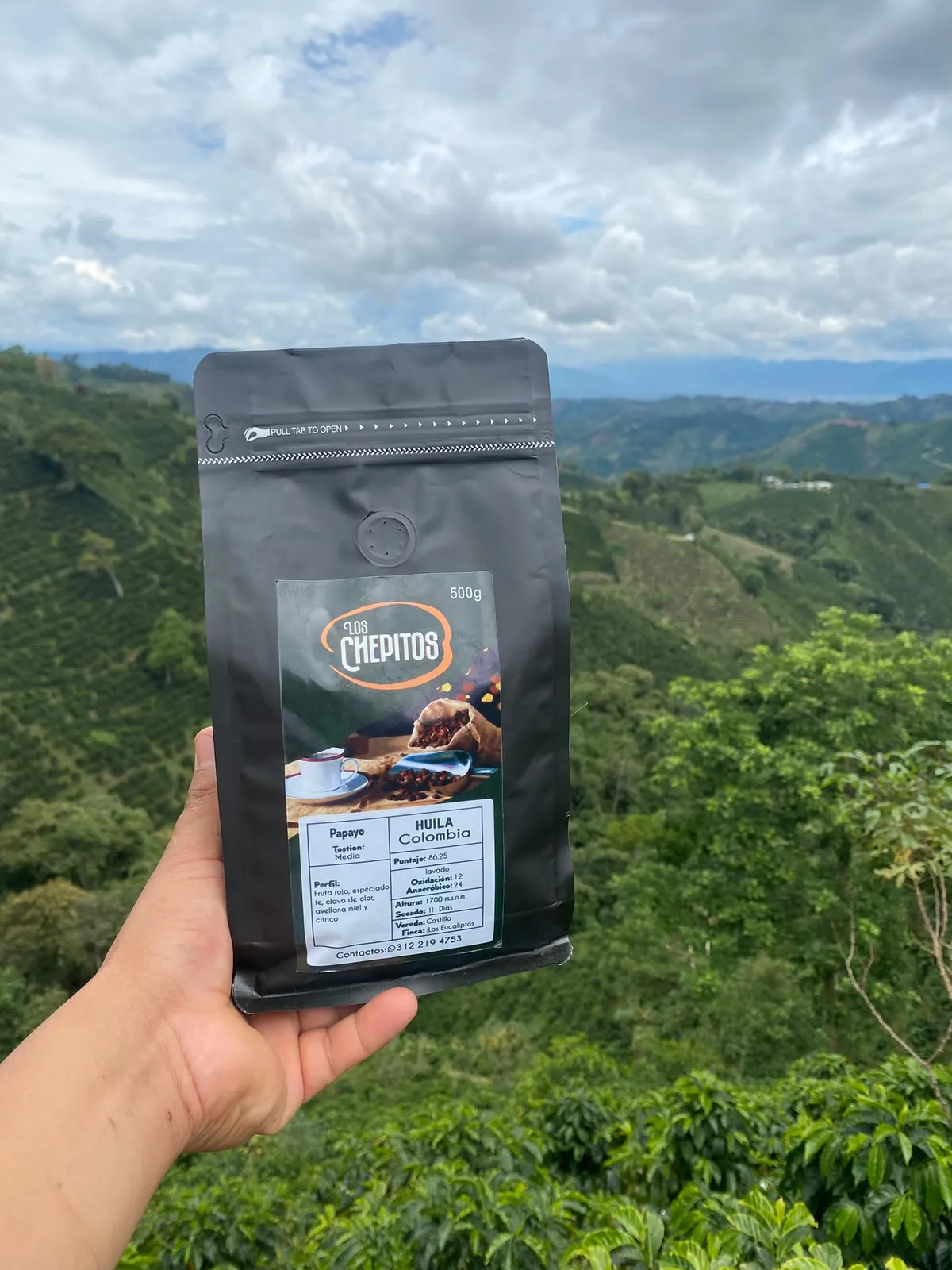 Empaque de 500 g de café Chepitos frente al paisaje de la finca