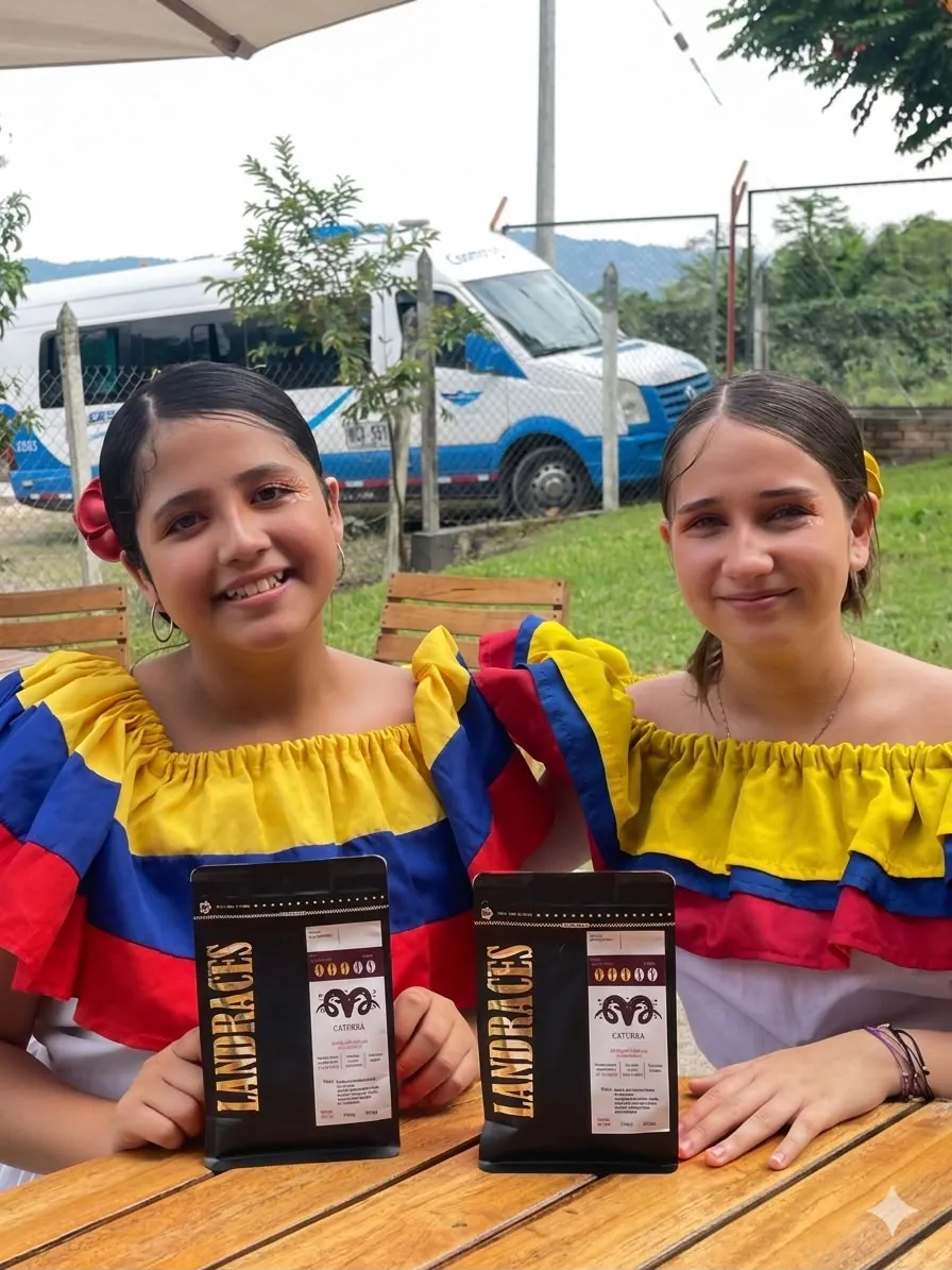 Niñas con trajes colombianos presentando las bolsas de café LANDRACES