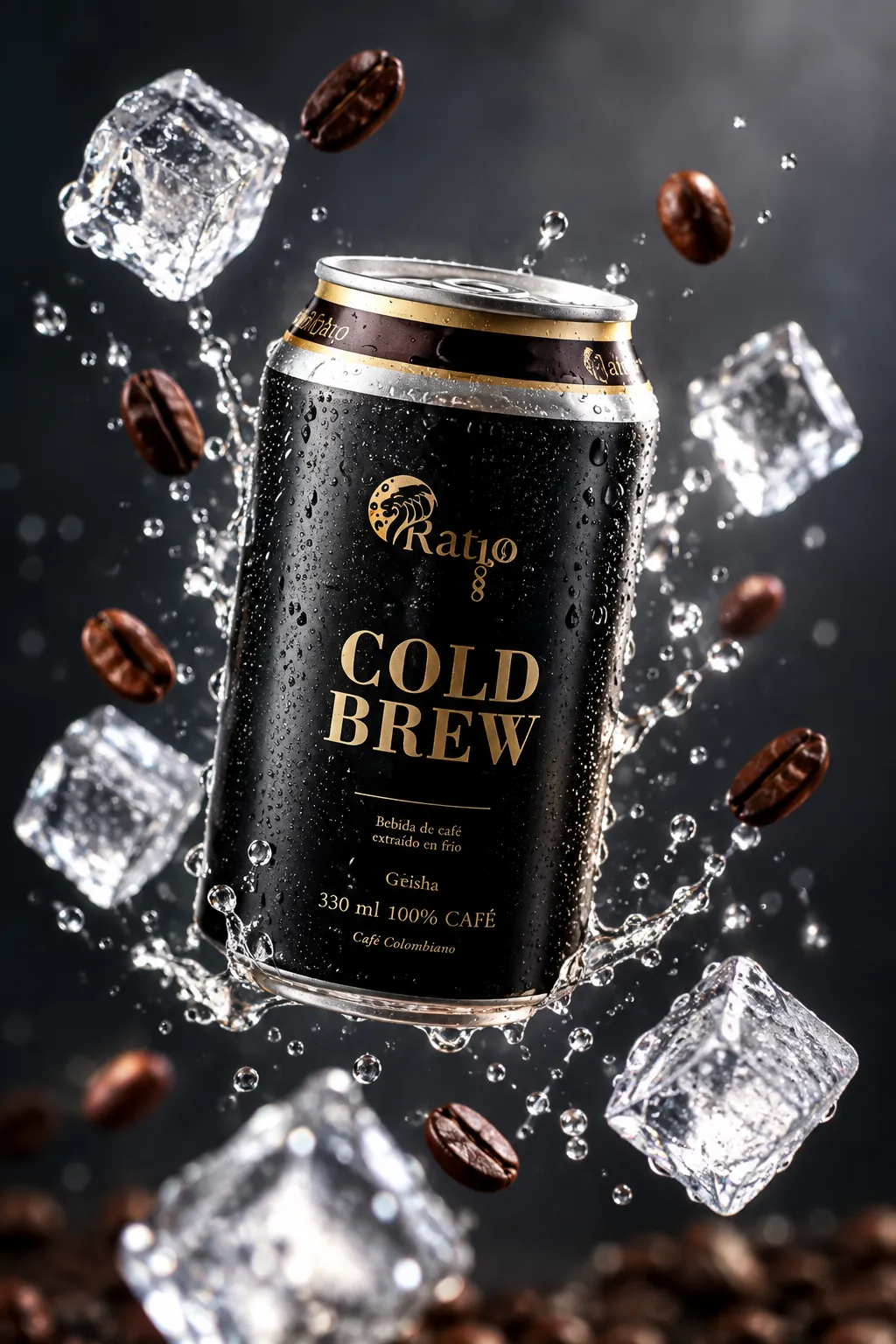 Lata de Ratio Cold Brew entre hielo y granos de café