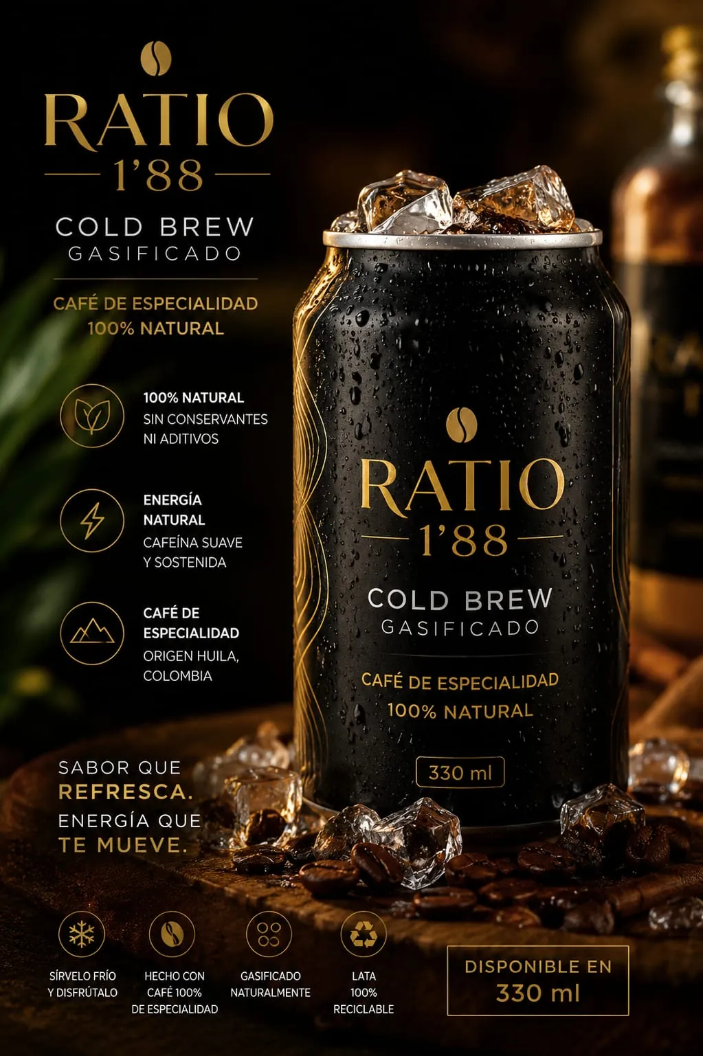Lata de Ratio 1'88, cold brew gasificado de café de especialidad, 330 ml